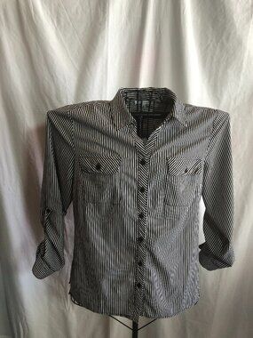 Notations MEDIUM Black Striped Long Sleeve Blouse 20.5" Pit to Pit